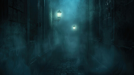 Obraz premium The dark and mysterious alleyway is lit only by the flickering light of the gas lamps.