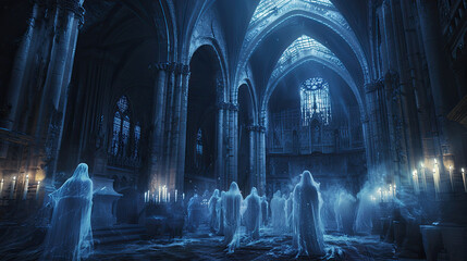 The dark figures of ghosts in the ruined church.