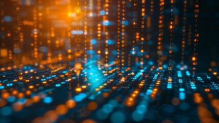 Obraz premium Bokeh effect and glowing binary code in a digital data stream