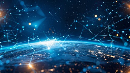Obraz premium Global connectivity and data exchange in a digital world are symbolized by a holographic, digital projection of the Earth surrounded by connections and nodes.