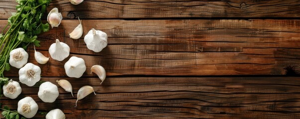Fototapeta premium Garlic bulbs and cloves on a rustic wooden background. Perfect for culinary themes, organic food promotions, or kitchen designs. 