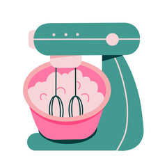 A kitchen mixer whips up the cream. Homemade recipe for cottage cheese or dough.Flat illustration isolated on white background 