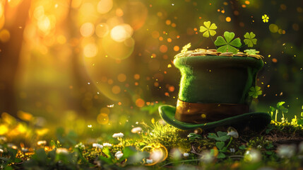 Whimsical leprechaun hat filled with gold coins and shamrocks, Saint Patrick's day
