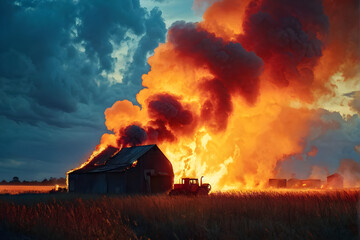 Barn Fire in the Light of Sunset 