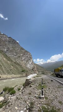 4K shot of majestic Sissu waterfall in Lahaul valley in Himachal Pradesh, India