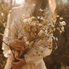 A bouquet of spring flowers in the hands of a young woman in nature, close-up.