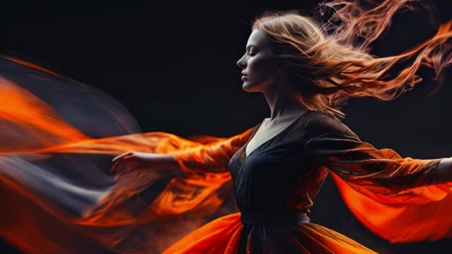 Woman in red and black dress dancing, blonde girl spiritual slow dancing while her hair and dress flowing or floating in wind air, female dancing on isolated black background Generative AI