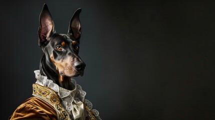 Doberman dog dressed as a plump Regency-era aristocrat in luxurious clothing, dark background.