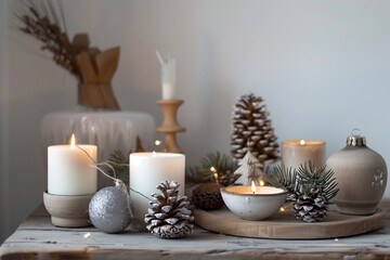 Christmas decoration with candles and fir branches on wooden table in living room