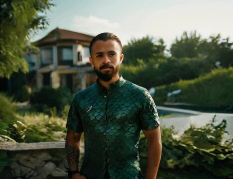 Man standing in front of luxurious millionaire guesthouse with duplex building and artificial lake with jungle in the background generative AI