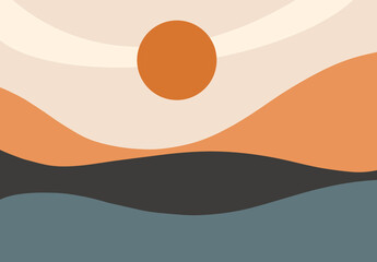 Abstract Minimalist Sunset Landscape with Colorful Waves Illustration