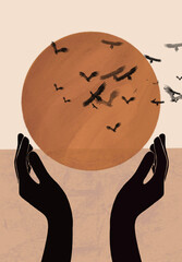 Surreal Abstract Hands Holding Sun with Flying Birds Art Background