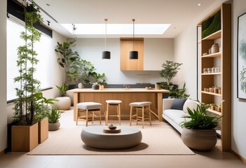 Fototapeta premium minimalistic zen space herbal tea bar serene tranquil interior design, serenity, tranquility, plants, greenery, peacefulness, modernity, simplicity
