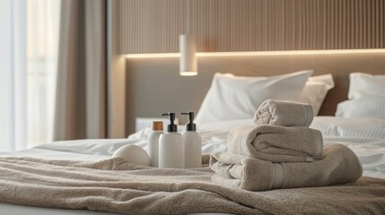 Concept of cleanliness depicted in modern hotel room with beige towels and personal hygiene items on double bed