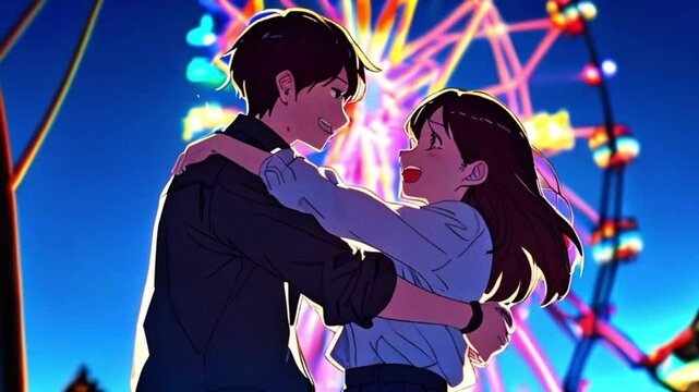 Anime couple laughing while cuddling in the park with carousel or merry go round in the background carousel generative AI