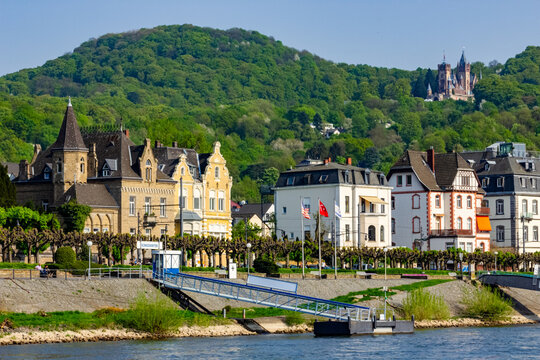 Scenic view of Drachenfels and Burg Drachenfels (Dragonstone Castle) along the Romantic Rhine in K&ouml;nigswinter, Germany