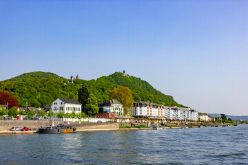 Scenic view of Drachenfels and Burg Drachenfels (Dragonstone Castle) along the Romantic Rhine in Königswinter, Germany