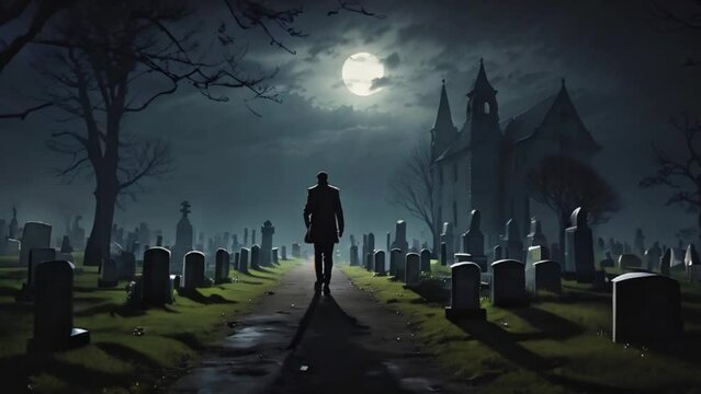 Halloween scene with cemetery in full moon night and silhouette of a man in suit, person walking on the graveyard at night, graveyard, full moon night, dead trees, witch house, clouds, Generative AI