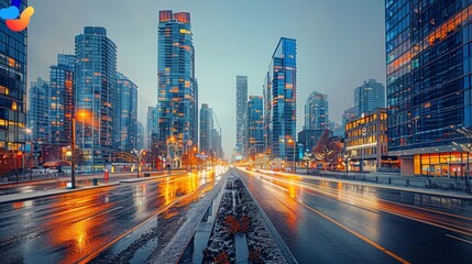 Fototapeta premium Glittering urban oasis: Neon-lit skyscrapers cast a captivating glow over the rain-soaked streets.