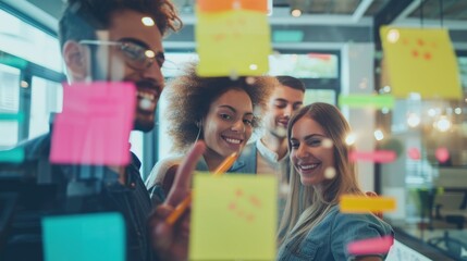A diverse team of professionals joyfully collaborates using sticky notes on a glass wall in a vibrant, modern office. AIG41