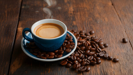 Fototapeta premium The coffee beans are scattered all over the table, creating a cozy