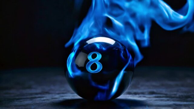 Black pool ball no eight, eight-ball pool on blue flames on isolated black background fiery sports videography Generative AI