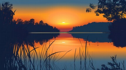 Obraz premium A serene lake scene with a vibrant sunset reflecting on the water. Silhouetted trees line the edges of the lake, creating a tranquil and natural setting. Generative AI