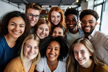 Obraz premium Multicultural happy people taking group selfie portrait in the office, diverse people celebrating together, Happy teamwork and lifestyle concept