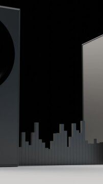 Large gray speakers. Design.Bright animation with musical devices that beat because of the power of the beats.