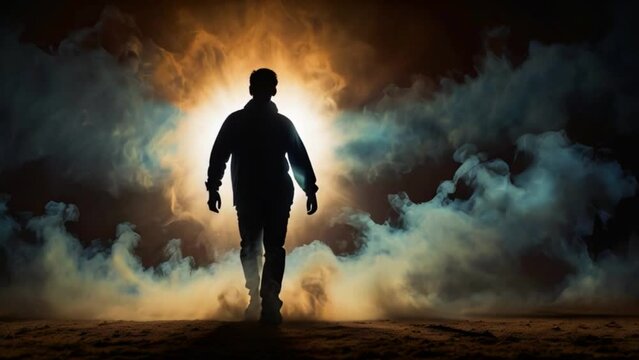 Silhouette of a person in a smoke, cinematic shot of a hero in hoodie walking out of smokey background while spotlight falling from back Generative AI