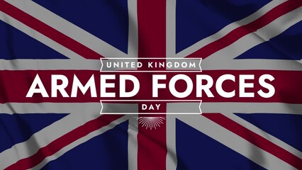 United Kingdom Armed Forces Day colorful motion graphics big corporate title text animation on waving UK flag background great for celebrating UK armed forces day