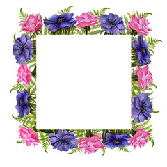 Beautiful square frame of pink roses and anemones. A watercolor flowers