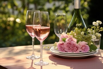 Chic wedding table adorned with beautiful flowers, sparkling glassware, and ample space for text