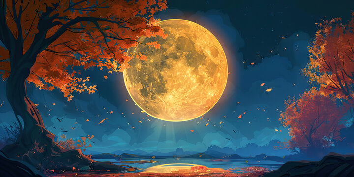 Harvest Moon Vector: A Digital Artwork of the Harvest Moon, Representing Abundance and Gratitude in Autumn