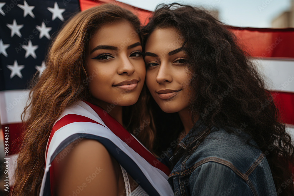 Poster Generated AI portrait of beautiful girl in front of american flag festive crowd national women day