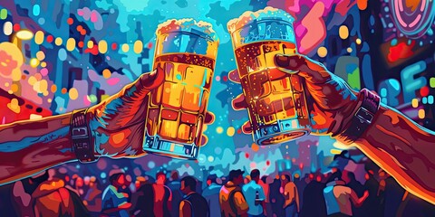 Drawn illustration in comic style. Two hands raise glasses of frothy beer in a vibrant, colorful street scene filled with confetti and lights