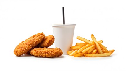A fast food meal of crispy chicken fillets, french fries, and a white cup with a black straw on a white background.