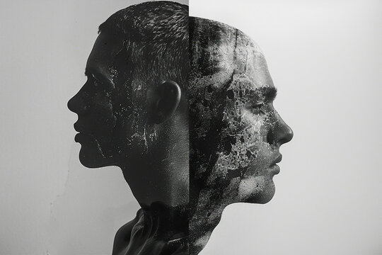 Created with generative AI picture of two human male faces sculpture