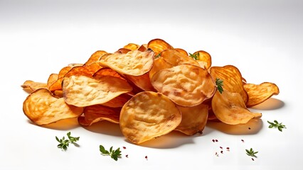 A pile of golden-brown sweet potato chips with fresh herbs sprinkled around, on a white background.