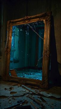 Broken ancient vintage historical mirror in old abandoned building, magical old mirror with wooden frame in abandoned building Generative AI