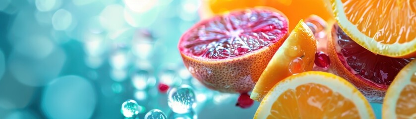 Citrus Fruits and Water Droplets on a Turquoise Background