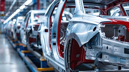 Fototapeta premium Close-up of an automotive assembly line with multiple car frames being processed. The image showcases the engineering and precision involved in modern car manufacturing.