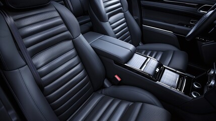 Luxurious car seats with black leather upholstery and detailed stitching. The image showcases the comfort and elegance of the interior, ideal for automotive design and premium vehicle advertising.