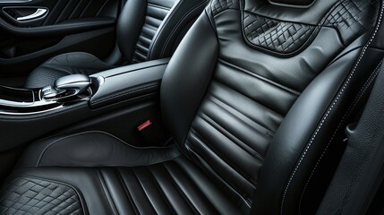 Luxurious car seats with black leather upholstery and detailed stitching. The image showcases the comfort and elegance of the interior, ideal for automotive design and premium vehicle advertising.