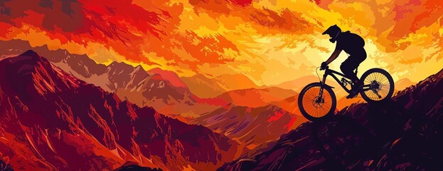 Silhouette of a mountain biker from a birds-eye view, low angle perspective, bold sunset colors, captivating illustration style, capturing pure adrenaline and motion