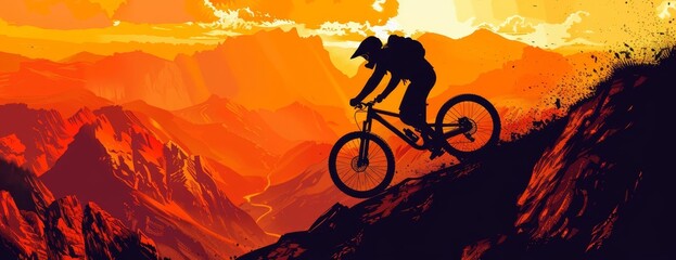 Silhouette of a mountain biker from a birds-eye view, low angle perspective, bold sunset colors, captivating illustration style, capturing pure adrenaline and motion