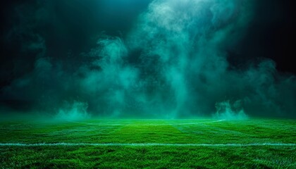 Enigmatic mist covered soccer field under the night sky creates an intriguing atmosphere
