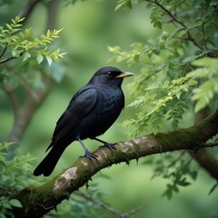 Blackbird on a branch surrounded by trees and greenery background