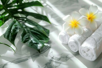 White towels elegantly rolled and adorned with a green leaf and flower, embodying serene spa aesthetics