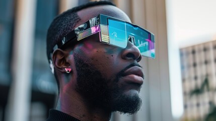 Transparent AR glasses on a man’s face display digital data, showcasing the capabilities of augmented reality technology.

